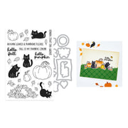 A clear stamp sheet and metal die set featuring autumn-themed black cats, pumpkins, leaves, and fall phrases, shown alongside a sample stamped card with a colorful fall scene.