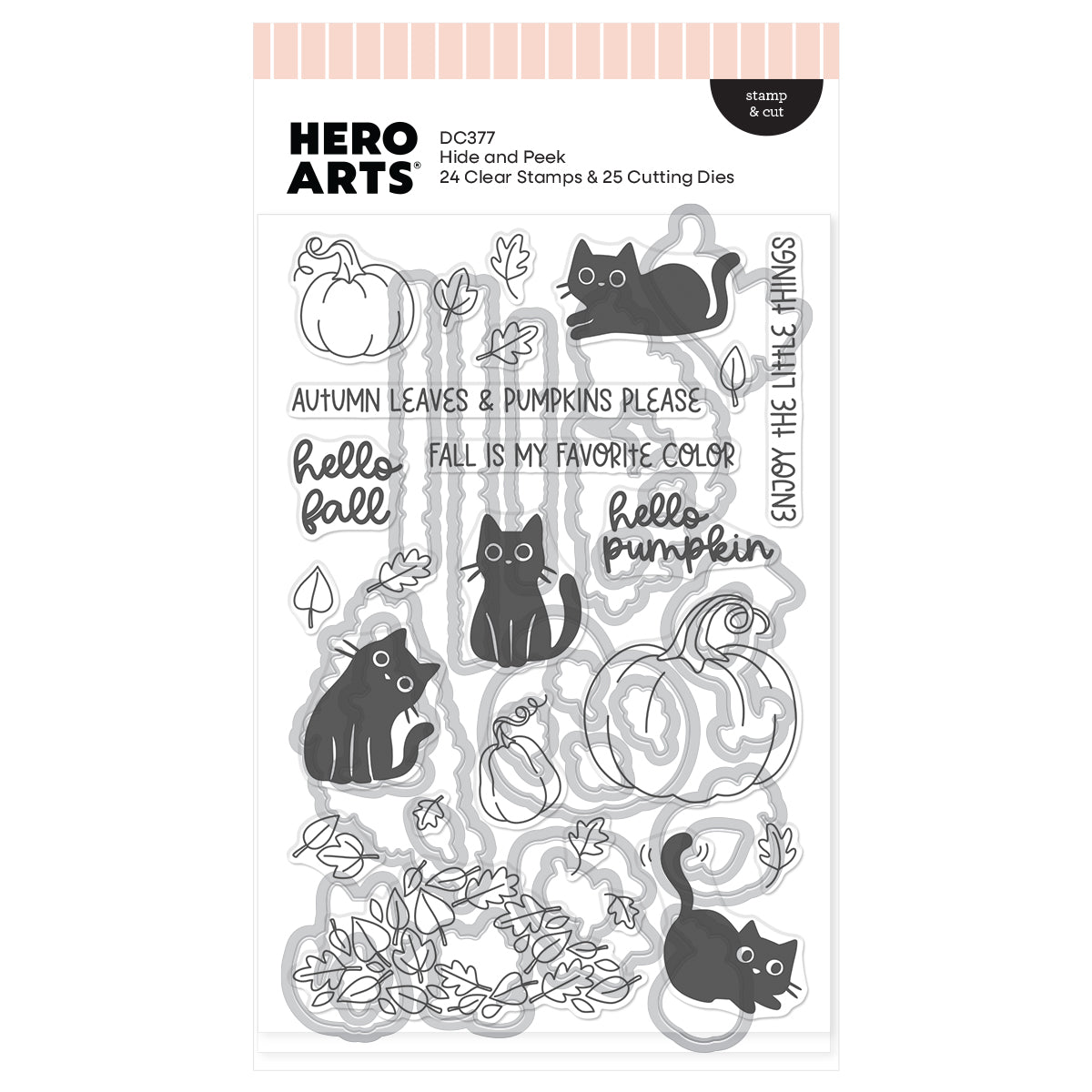 Hero Arts DC377 clear stamp and die set titled ' Hide and Peek' featuring autumn-themed designs including pumpkins, leaves, cats, and fall phrases on a white background.