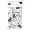 Hero Arts DC377 clear stamp and die set titled ' Hide and Peek' featuring autumn-themed designs including pumpkins, leaves, cats, and fall phrases on a white background.
