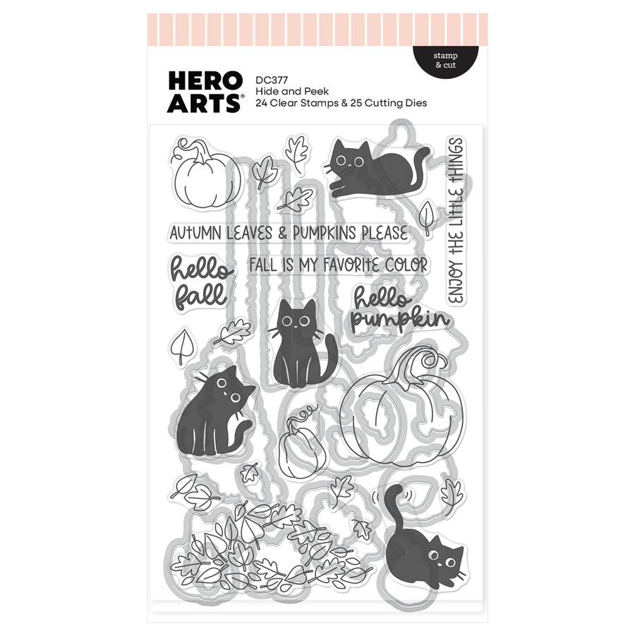 Hero Arts DC377 clear stamp and die set titled ' Hide and Peek' featuring autumn-themed designs including pumpkins, leaves, cats, and fall phrases on a white background.