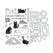 Clear stamp sheet and matching die set featuring black cat, pumpkin, leaf, and autumn-themed phrases on a white background.