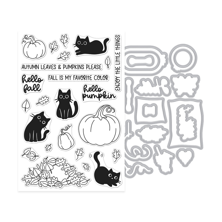 Clear stamp sheet and matching die set featuring black cat, pumpkin, leaf, and autumn-themed phrases on a white background.