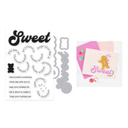 A clear stamp set and matching metal die shown on a white background, alongside a sample card design featuring the word 'Sweet' in pink script with a gingerbread cookie illustration and pink envelope accents.