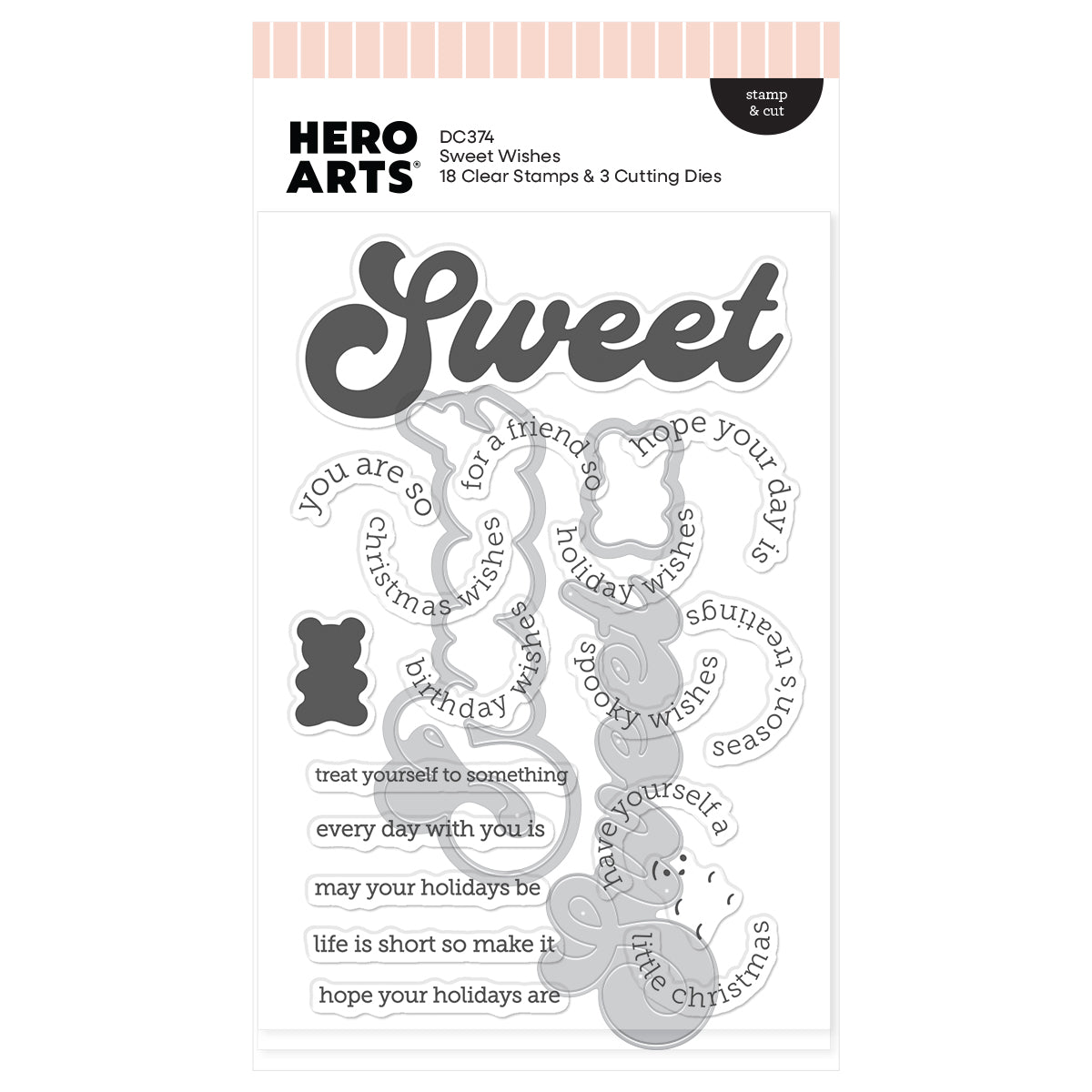 Hero Arts DC374 Sweet Wishes clear stamp and die set in retail packaging, featuring holiday-themed phrases and a bear-shaped die.