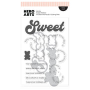 Hero Arts DC374 Sweet Wishes clear stamp and die set in retail packaging, featuring holiday-themed phrases and a bear-shaped die.
