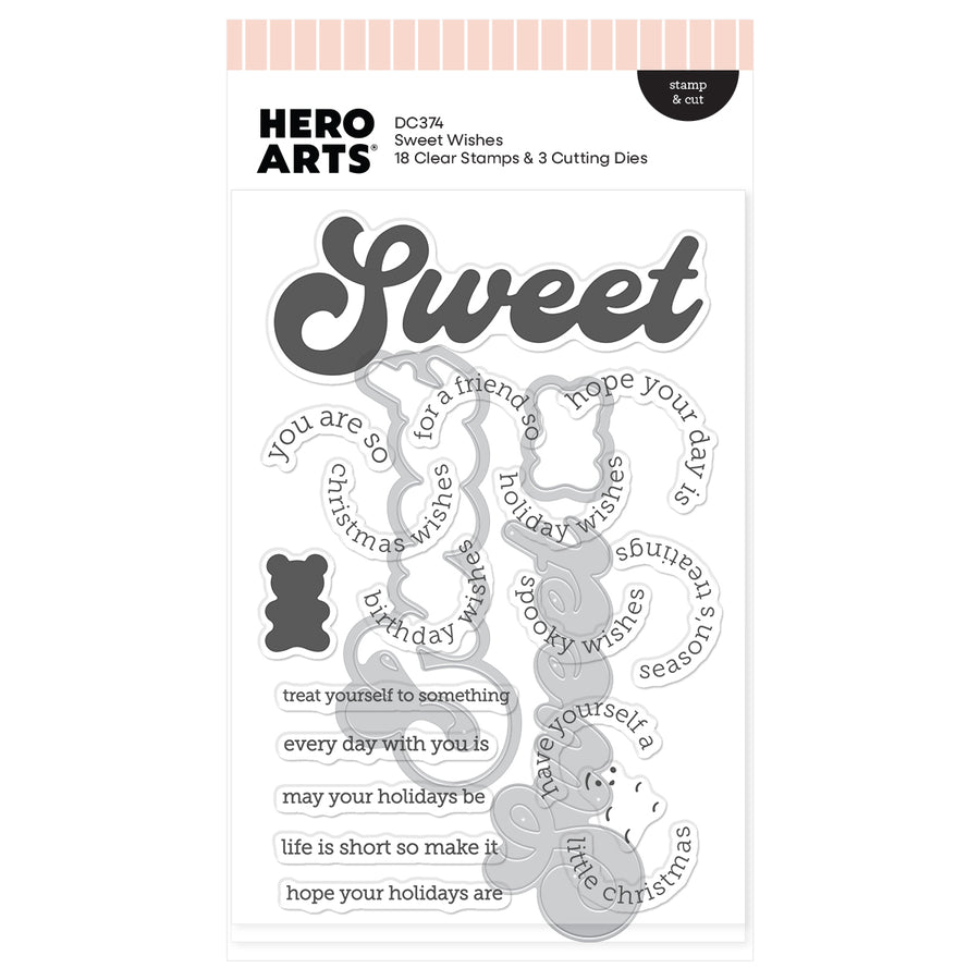 Hero Arts DC374 Sweet Wishes clear stamp and die set in retail packaging, featuring holiday-themed phrases and a bear-shaped die.