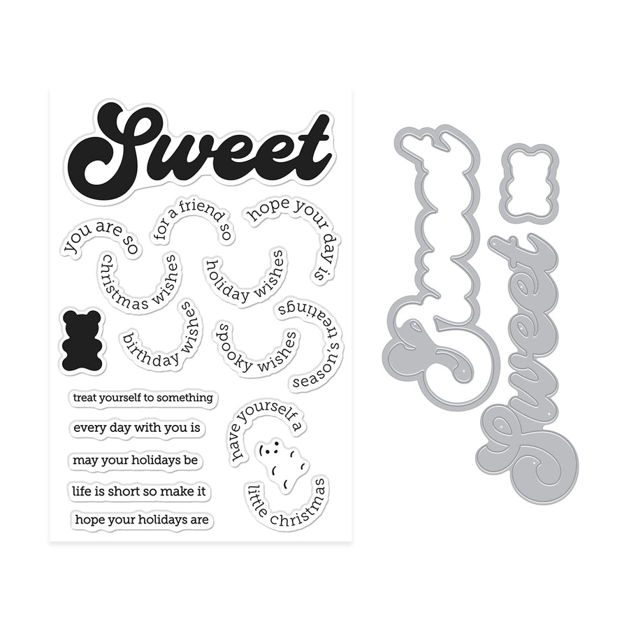 A clear stamp sheet with black holiday-themed phrases and a gray metal die cut matching the word 'Sweet' and decorative motifs, shown on a plain white background.