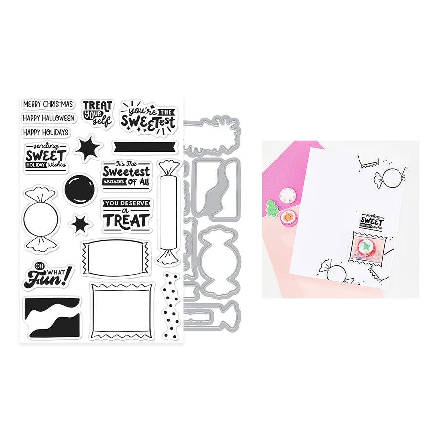 A sheet of clear stamp designs and metal cutting dies for a Halloween candy theme, displayed next to a styled mockup of a white card featuring some of the stamped designs.