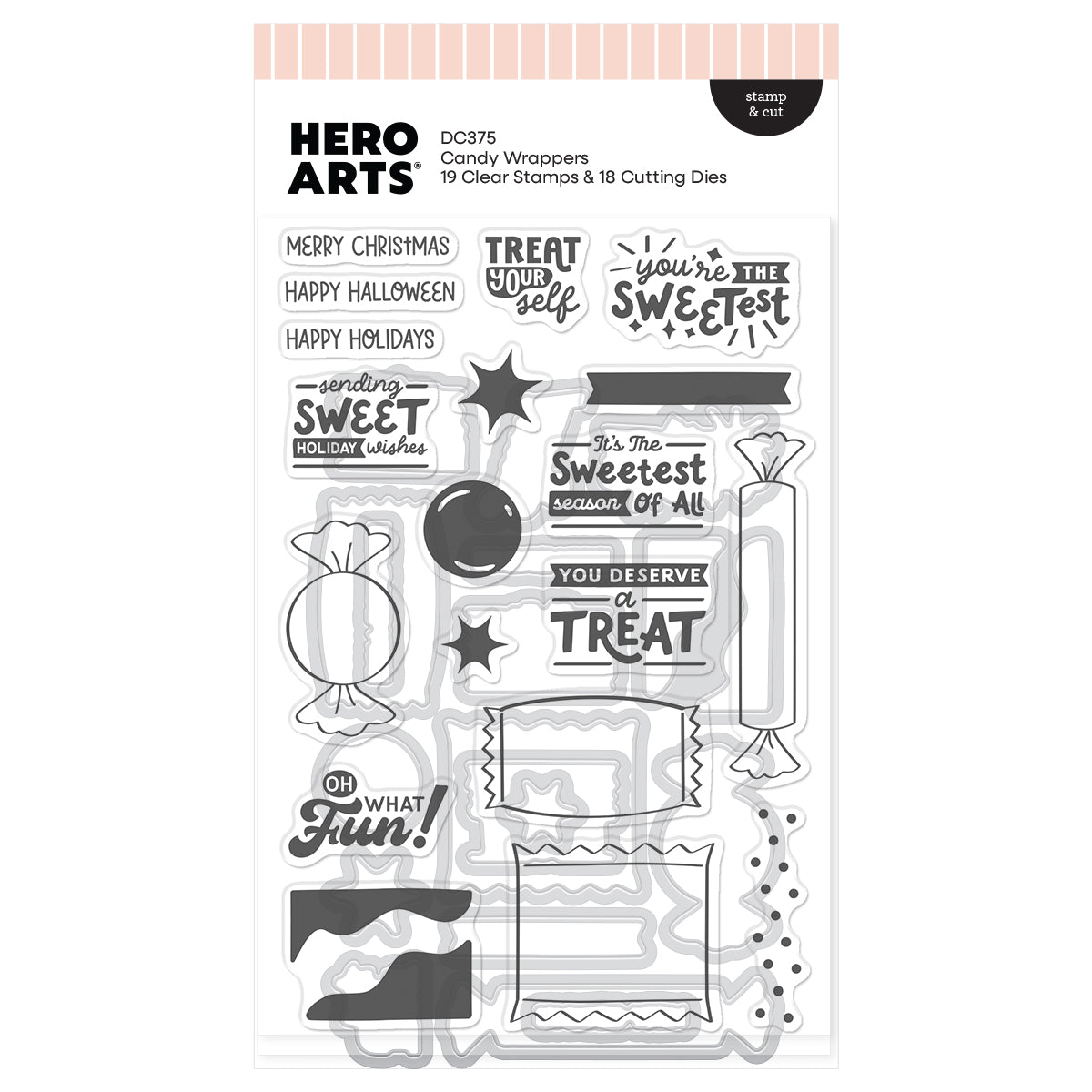 Hero Arts DC375 Candy Wrappers clear stamp and die set in its retail packaging, featuring 19 clear stamps and 18 cutting dies with Halloween and holiday themed designs.