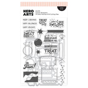 Hero Arts DC375 Candy Wrappers clear stamp and die set in its retail packaging, featuring 19 clear stamps and 18 cutting dies with Halloween and holiday themed designs.