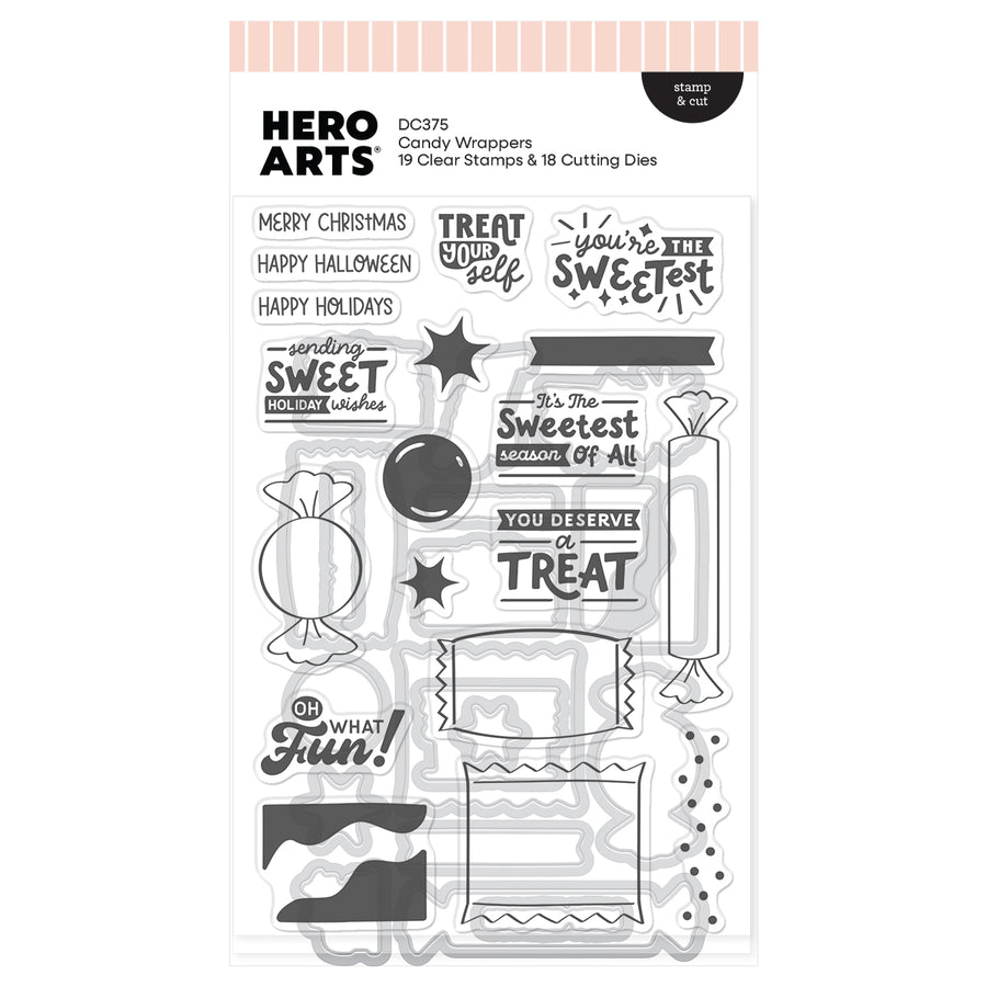 Hero Arts DC375 Candy Wrappers clear stamp and die set in its retail packaging, featuring 19 clear stamps and 18 cutting dies with Halloween and holiday themed designs.