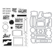 A sheet of black-and-white craft stamps or transfer designs shown beside a matching gray metal cutting-matrix set on a plain white background. The designs include candy, stars, banners, and holiday phrases such as 'Merry Christmas,' 'Treat your self,' and 'The Sweetest Reason to Treat.