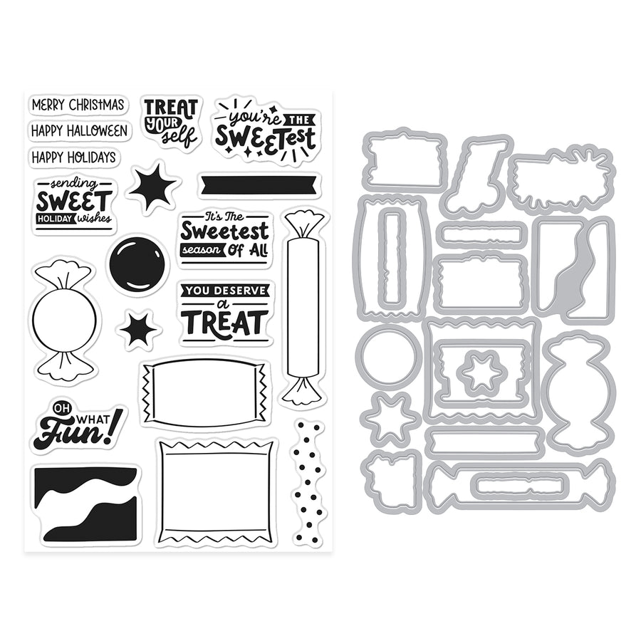 A sheet of black-and-white craft stamps or transfer designs shown beside a matching gray metal cutting-matrix set on a plain white background. The designs include candy, stars, banners, and holiday phrases such as 'Merry Christmas,' 'Treat your self,' and 'The Sweetest Reason to Treat.