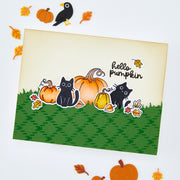 A handmade autumn-themed greeting card featuring cartoon cats, pumpkins, and leaves with the text 'hello pumpkin' on a cream background, photographed on a white surface with scattered decorative pumpkins and leaves around it.