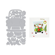 A Christmas-themed die-cut craft set featuring a gray metal car-shaped cutting template with holiday decorations and a matching printed card design showing Santa in a green car with a Christmas tree. Hero Arts Beep Beep Die Set