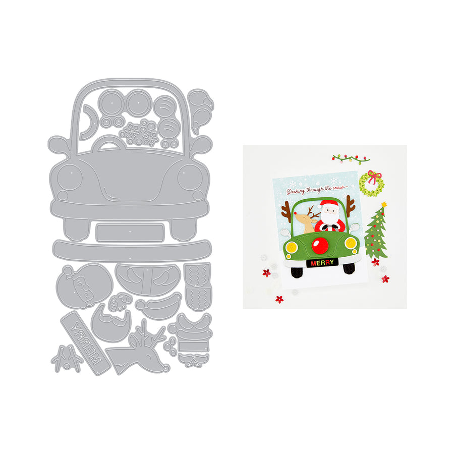 A Christmas-themed die-cut craft set featuring a gray metal car-shaped cutting template with holiday decorations and a matching printed card design showing Santa in a green car with a Christmas tree. Hero Arts Beep Beep Die Set