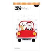Hero Arts DF309 Beep Beep Cutting Dies die set featuring a festive Christmas illustration of Santa Claus driving a red car with a reindeer and snowflakes on the card.