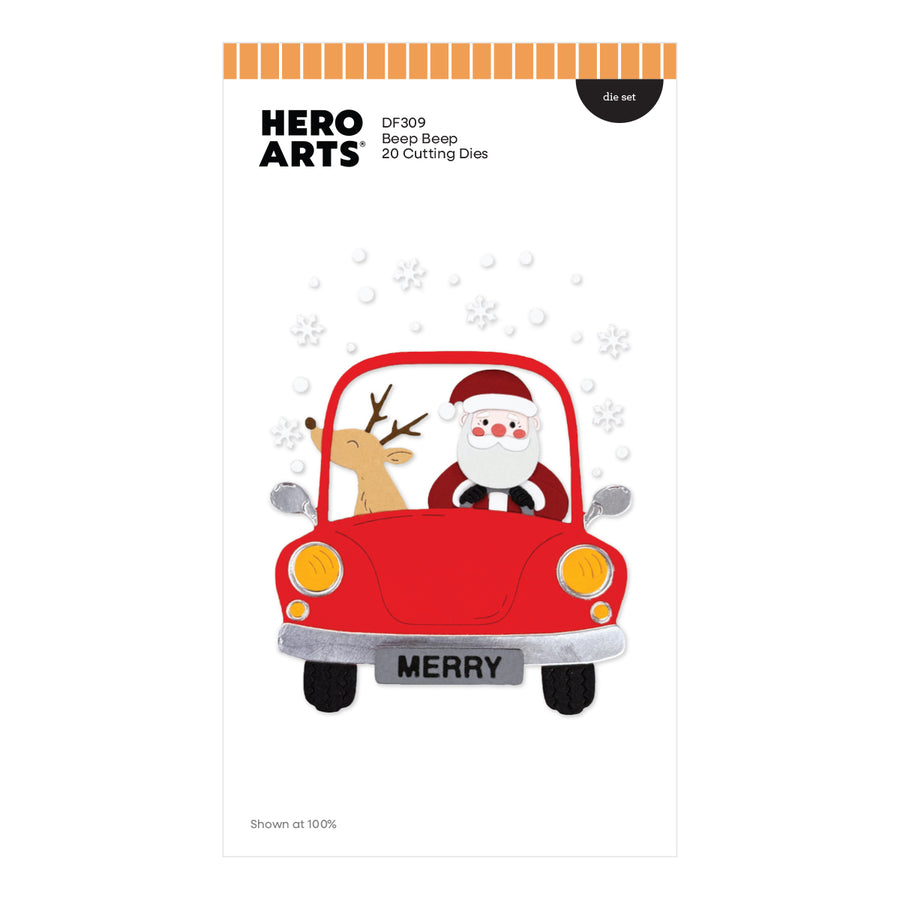 Hero Arts DF309 Beep Beep Cutting Dies die set featuring a festive Christmas illustration of Santa Claus driving a red car with a reindeer and snowflakes on the card.