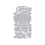 A gray die-cut craft sheet featuring a vintage car with round window decorations and several small decorative motifs below, shown on a plain white background. Hero Arts Beep Beep Die Set