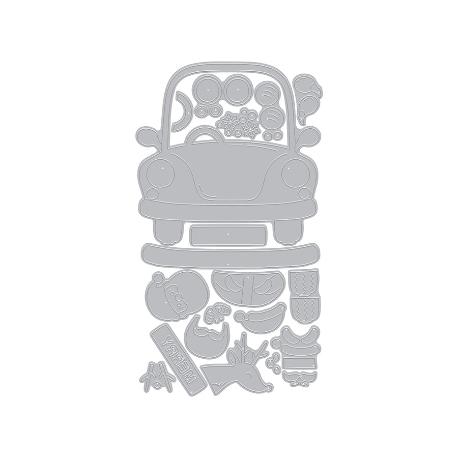 A gray die-cut craft sheet featuring a vintage car with round window decorations and several small decorative motifs below, shown on a plain white background. Hero Arts Beep Beep Die Set