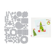 A flat lay of a silver metal die-cutting sheet with various Christmas-themed shapes, shown next to a sample card featuring a decorated Christmas tree, gifts, and a wreath. Hero Arts Beep Beep Holiday Extras Die Set