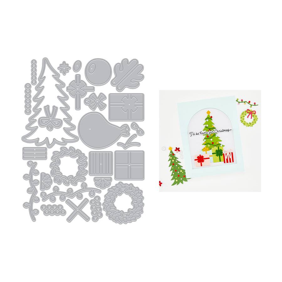 A flat lay of a silver metal die-cutting sheet with various Christmas-themed shapes, shown next to a sample card featuring a decorated Christmas tree, gifts, and a wreath. Hero Arts Beep Beep Holiday Extras Die Set