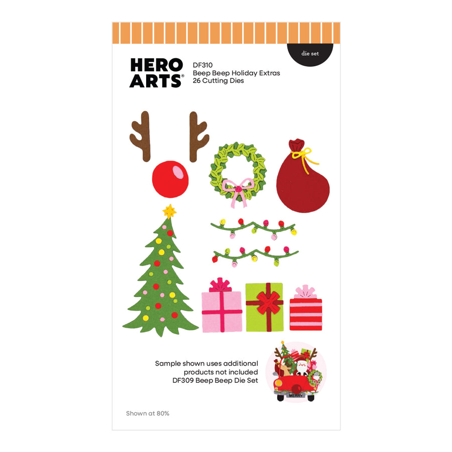 Hero Arts DF310 Beep Beep Holiday Extras Cutting Dies, featuring festive holiday illustrations including a reindeer antler, wreath, red sack, Christmas tree, gifts, and lights on a white background.