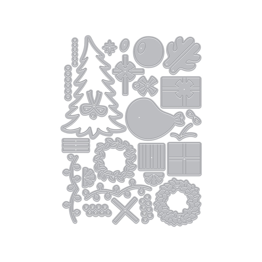 A set of gray metal cutting dies arranged on a plain white background, featuring holiday and Christmas-themed shapes including a Christmas tree, wreath, gift boxes, ornaments, and floral motifs. Hero Arts Beep Beep Holiday Extras Die Set