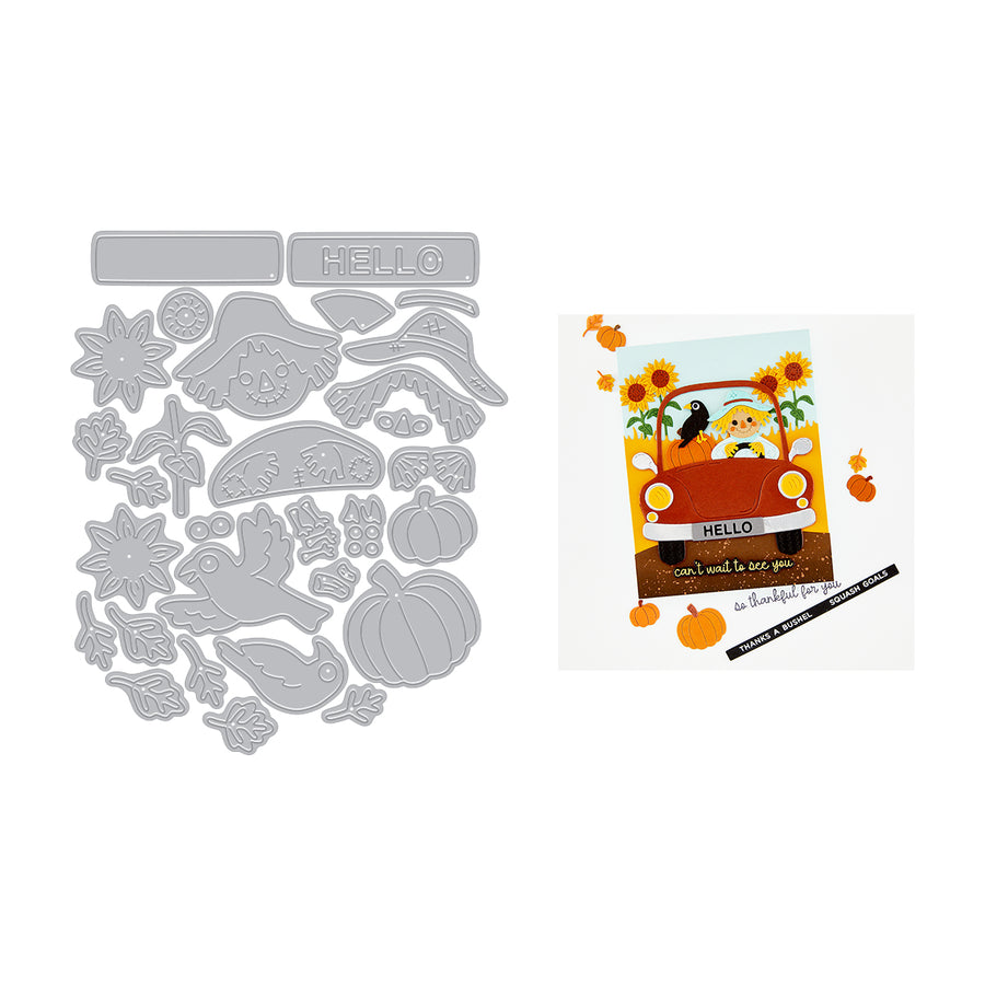 Hero Arts Beep Beep Leaf Peeper Die Set featuring autumn and Thanksgiving-themed designs, shown alongside a sample of the colorful sticker layout on a white background. The designs include a pumpkin, turkeys in a truck, sunflowers, leaves, and a bird.