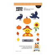 Hero Arts Beep Beep Leaf Peeper 3D Cutting Dies sheet, featuring autumn-themed illustrations including a crow, pumpkin, sunflower, scarecrow, leaves, and a 'HELLO' label on a white background.
