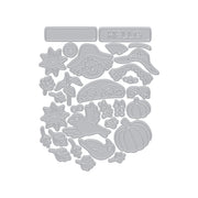 Hero Arts Beep Beep Leaf Peeper Die Set featuring autumn and nature motifs, including pumpkins, leaves, birds, flowers, and a hat with the word 'HELLO' cut out on the top piece, shown on a plain white background.