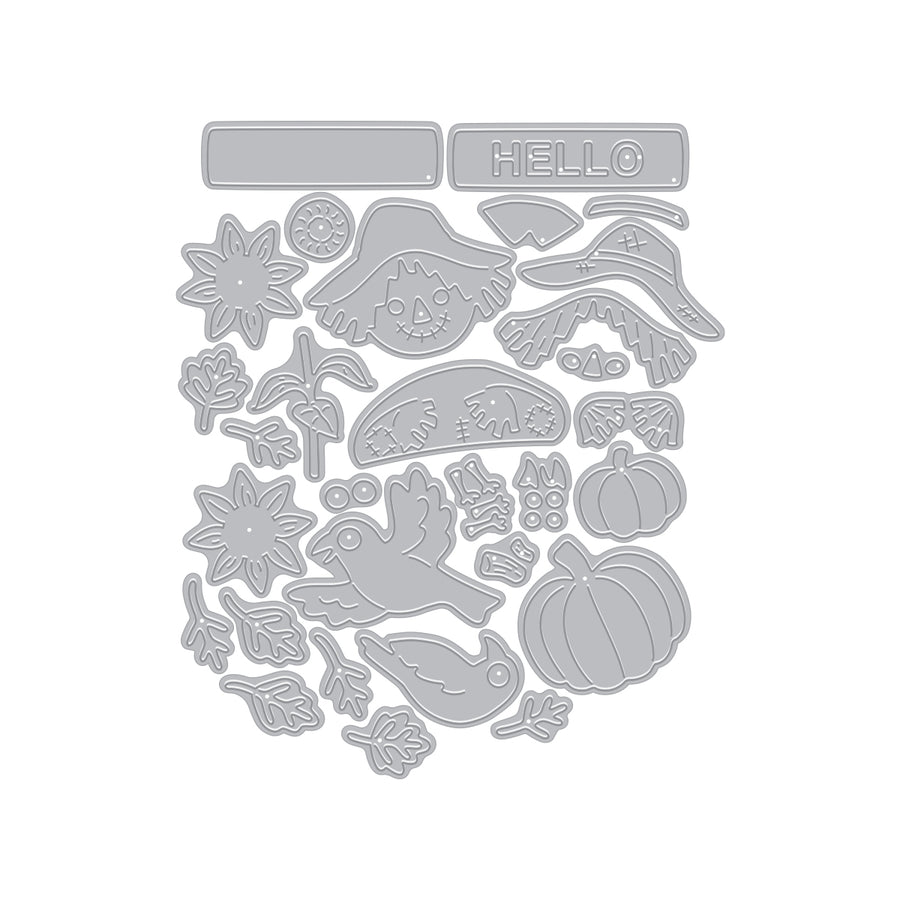 Hero Arts Beep Beep Leaf Peeper Die Set featuring autumn and nature motifs, including pumpkins, leaves, birds, flowers, and a hat with the word 'HELLO' cut out on the top piece, shown on a plain white background.