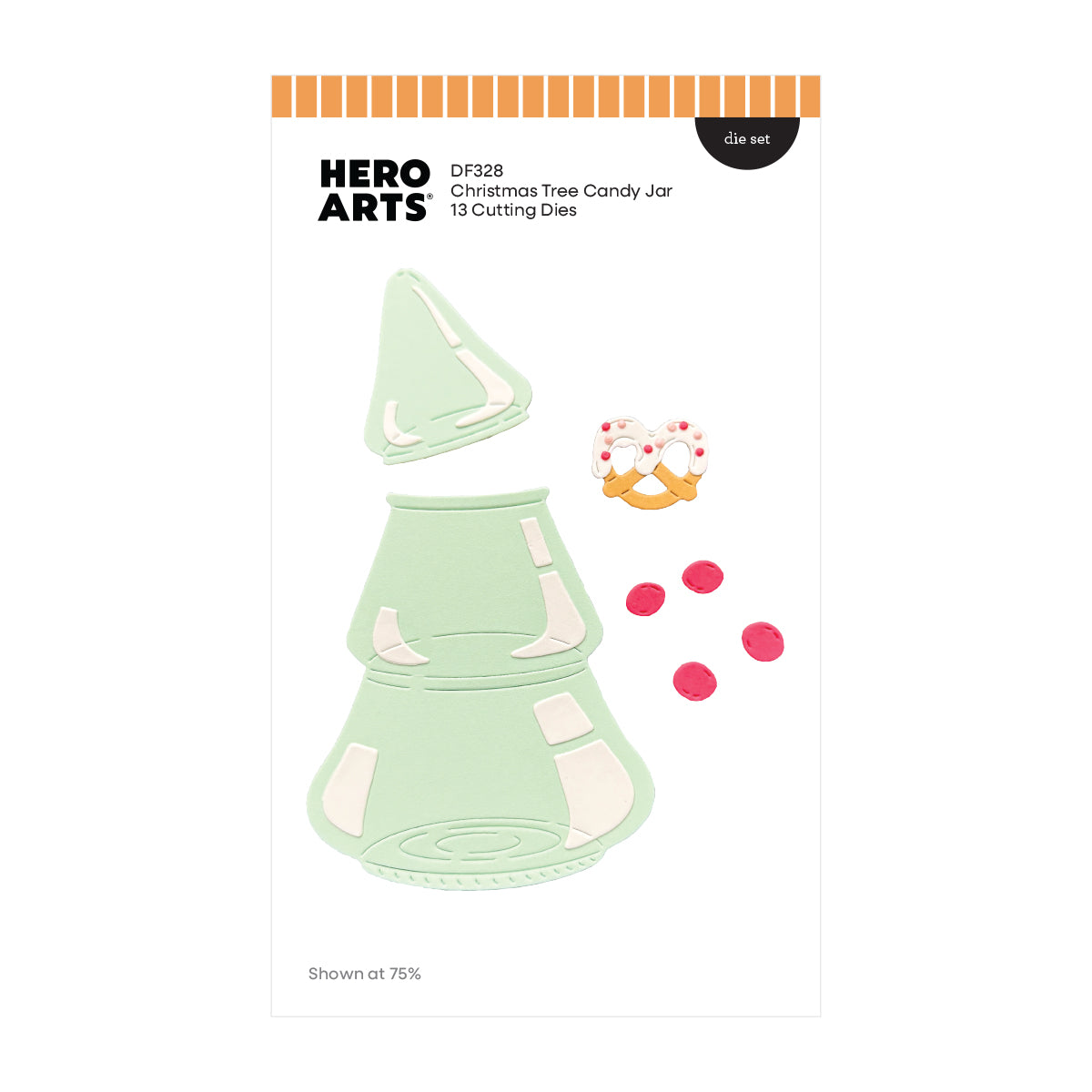 Hero Arts DF226 Christmas Tree Candy Jar 13 Cutting Dies die set package, showing the cutout shapes of a candy jar and a decorated ornament on a white background.
