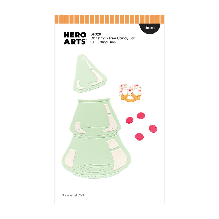Hero Arts DF226 Christmas Tree Candy Jar 13 Cutting Dies die set package, showing the cutout shapes of a candy jar and a decorated ornament on a white background.