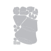 A set of gray die-cut craft templates or stencil pieces arranged on a plain white background, including a large funnel-like shape, smaller curved pieces, and small circular/dotted details. Hero Arts Christmas Tree Candy Jar Die Set by Carly Tee