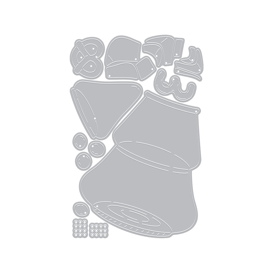 A set of gray die-cut craft templates or stencil pieces arranged on a plain white background, including a large funnel-like shape, smaller curved pieces, and small circular/dotted details. Hero Arts Christmas Tree Candy Jar Die Set by Carly Tee