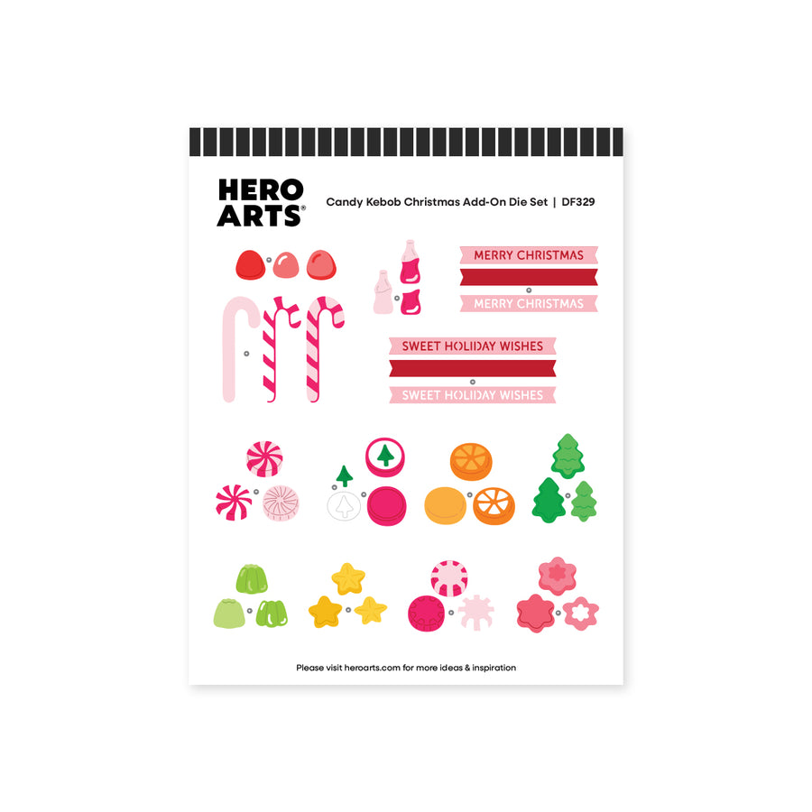 A sheet of Hero Arts Candy Kabob Christmas Add-On Die Set DF329 featuring various festive candy and holiday graphics on a white background.