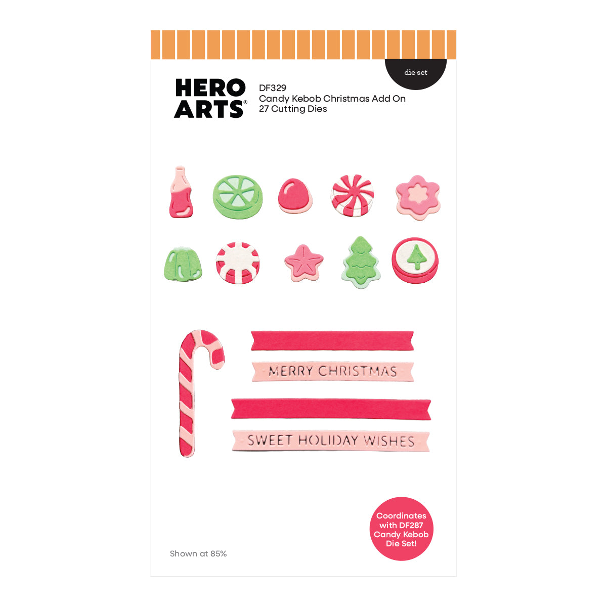 Hero Arts DF329 Candy Kebab Christmas Add On 27 Cutting Die Set packaging, featuring illustrated holiday candy kebab shapes and text elements on a white card with an orange striped header.