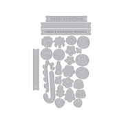 A set of gray metal holiday die-cut cutting templates featuring Christmas shapes, a candy cane, and banners that read 'MERRY CHRISTMAS' and 'SWEET HOLIDAY WISHES' on a plain white background.