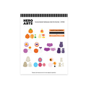 A sheet of Hero Arts Candy Kellob Halloween Add-On Die Set DF330 stickers, featuring various orange, purple, and beige pumpkin, bat, cat, ghost, and candy designs on a white background.