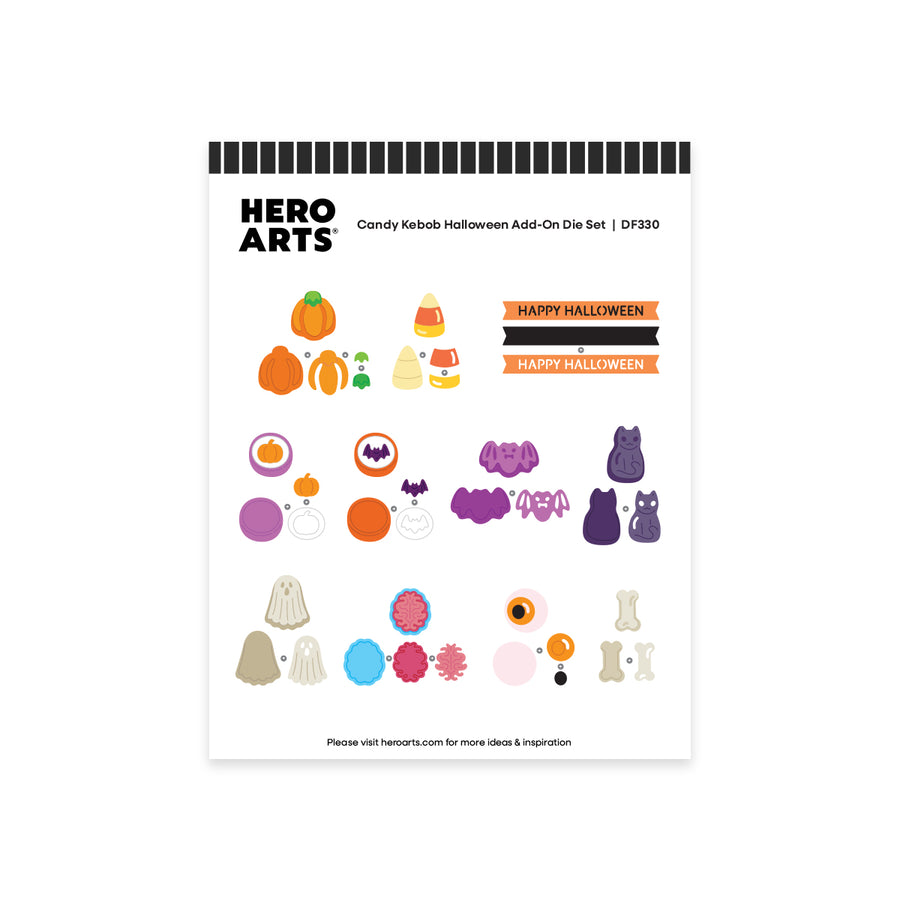 A sheet of Hero Arts Candy Kellob Halloween Add-On Die Set DF330 stickers, featuring various orange, purple, and beige pumpkin, bat, cat, ghost, and candy designs on a white background.