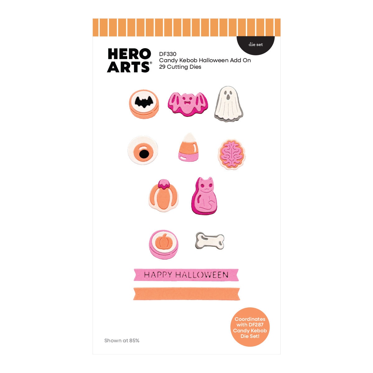 Hero Arts DF330 Candy Kebob Halloween Add On 29 Cutting Dies die set on a white background, featuring various Halloween-themed candy and ghost illustrations.