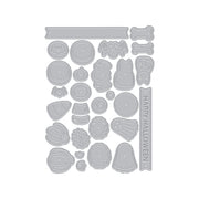 A sheet of gray die-cut Halloween-themed shapes on a white background, including pumpkins, bats, ghosts, bones, and banners with the text 'HAPPY HALLOWEEN'.