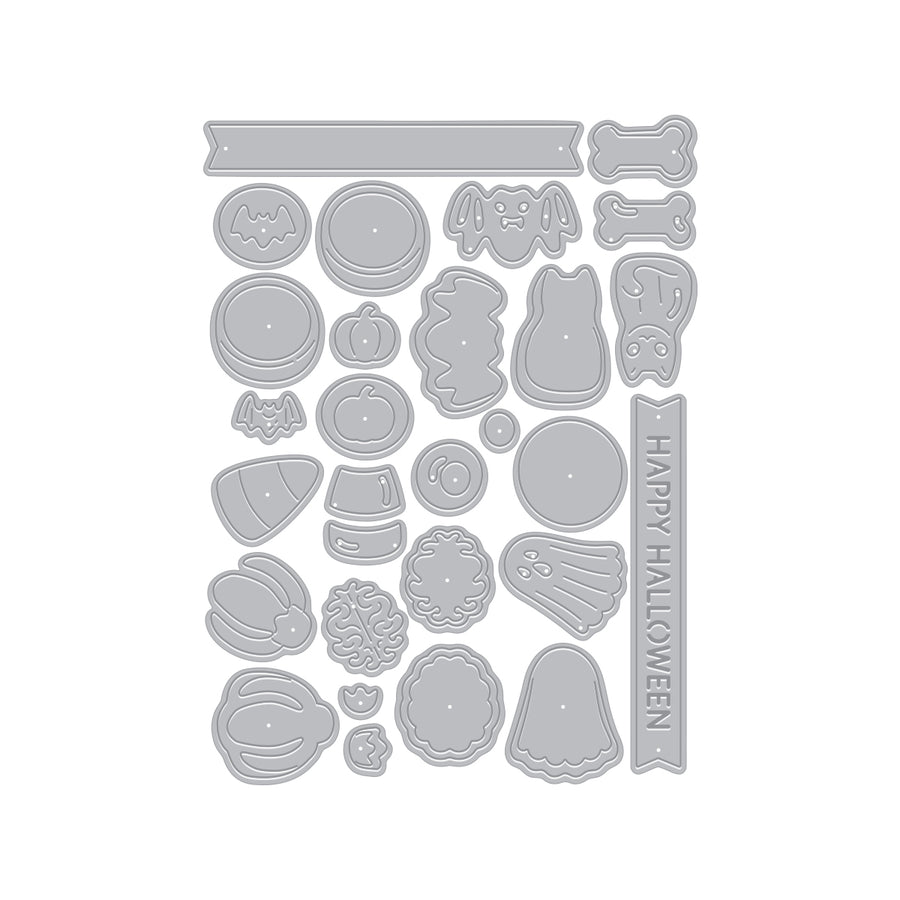 A sheet of gray die-cut Halloween-themed shapes on a white background, including pumpkins, bats, ghosts, bones, and banners with the text 'HAPPY HALLOWEEN'.