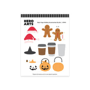 A sheet of Hero Arts Bear Hugs Holiday Accessories Die Set DF331, featuring various cute holiday-themed stickers like gingerbread men with Santa hats, coffee cups, a witch hat, and jack-o'-lanterns, displayed on a clean white background.