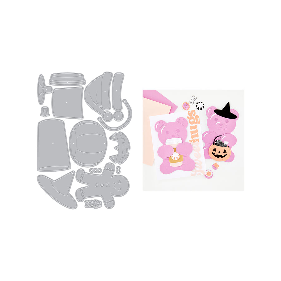 A craft die-cut kit showing the gray metal cutting templates on the left and the finished pink Halloween-themed bear stickers on the right, set against a plain white background.