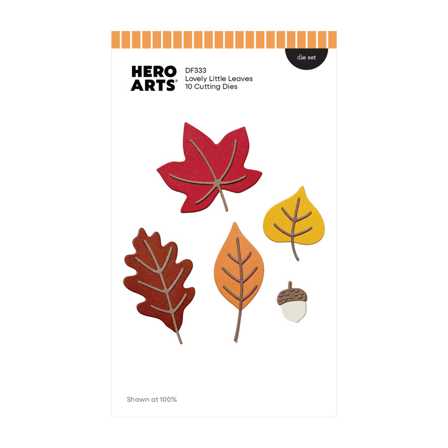 Hero Arts Lovely Little Leaves die set package, featuring five autumn leaf shapes (red maple, brown oak, orange leaf, yellow leaf, and acorn) on a white card with orange and black branding.