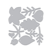 A set of gray metal die-cut shapes featuring autumn leaves, acorns, and twig branches, arranged on a solid white background.
