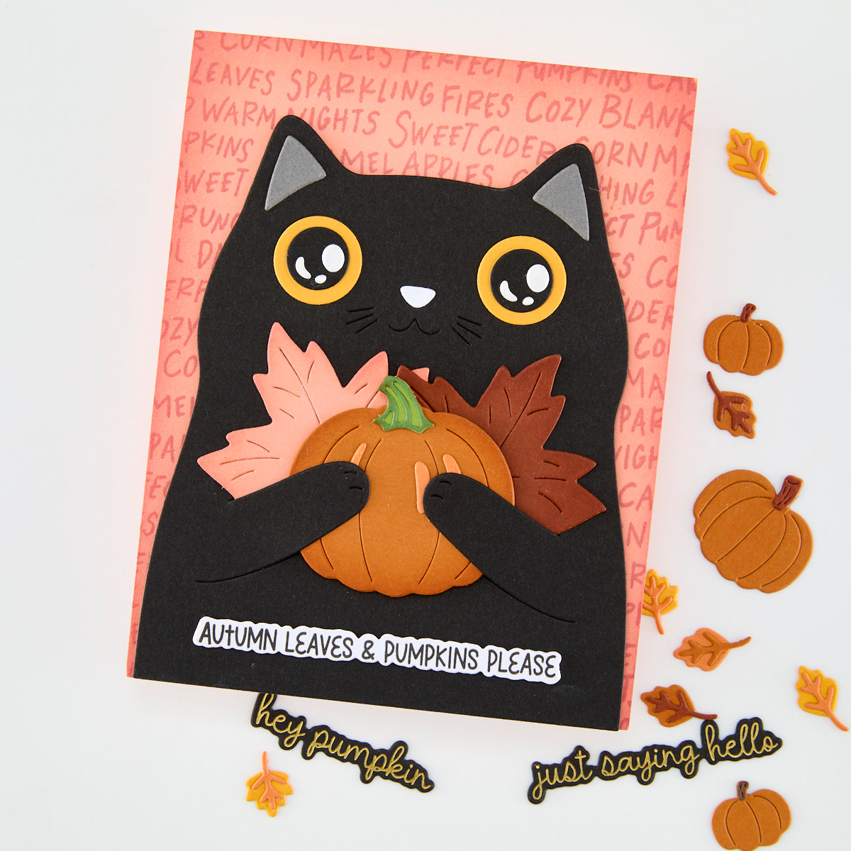 A handmade autumn-themed greeting card featuring a black cat holding a pumpkin with layered fall leaves, displayed on a white surface with decorative pumpkins and leaves around it.