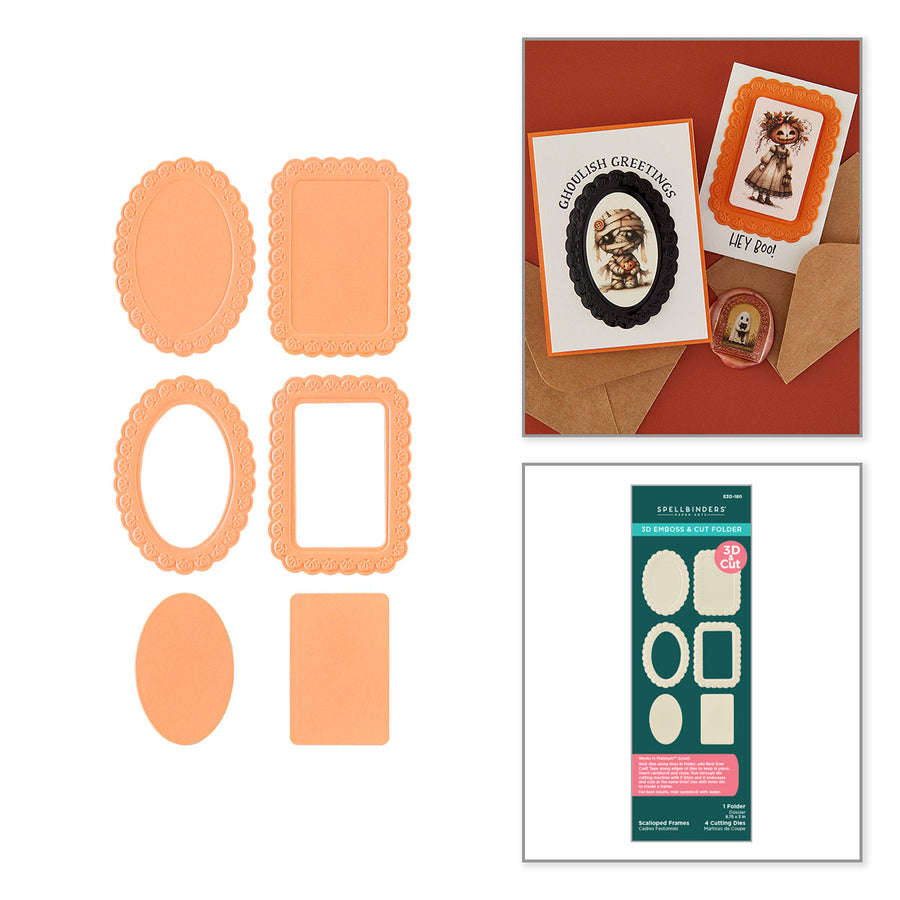 A craft die set and example cards shown on a white background, with a top-right inset demonstrating mummy-themed greeting cards made with the dies, and a bottom-right inset showing the packaged die set. Spellbinders Scalloped Frames 3D Emboss & Cut Folder
